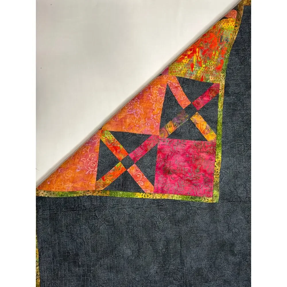 Handmade Fall Quilt Throw – Reversible Orange Pink Black Lap Blanket 58x41